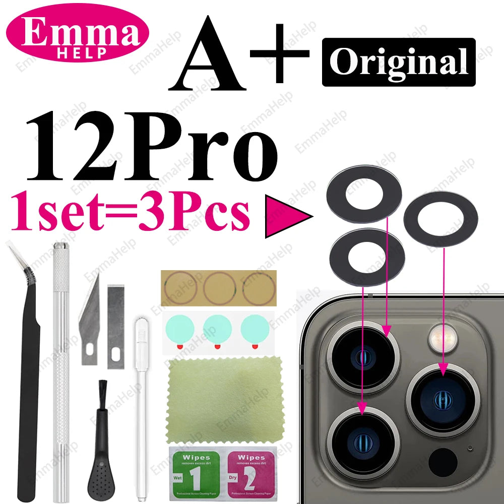 Sapphire Camera Lens Glass for iPhone 15/14/13/12/11 Pro Max Plus Mini - Complete Repair Kit with Adhesive