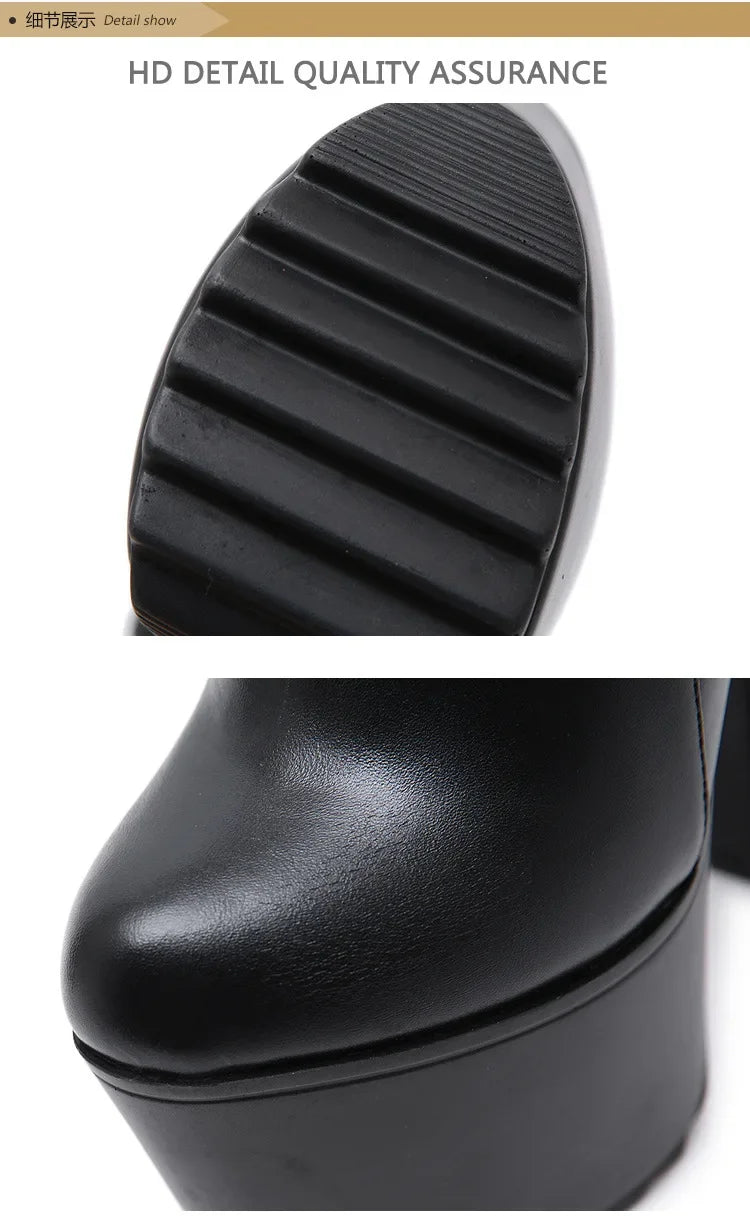 16CM Thick High Heel Shoes Womens Platform Elastic Band Side Zipper Chelsea Boots Black  Ankle Boot Zapatos Para Mujeres