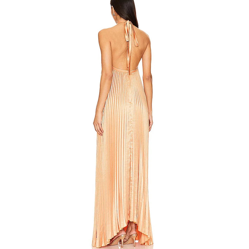 Sexy Halter Lace-up Backless Evening Dress Womens Spring Solid Rib Pleated Long Dress Summer Sleeveless Hollow Boho Maxi Dresses