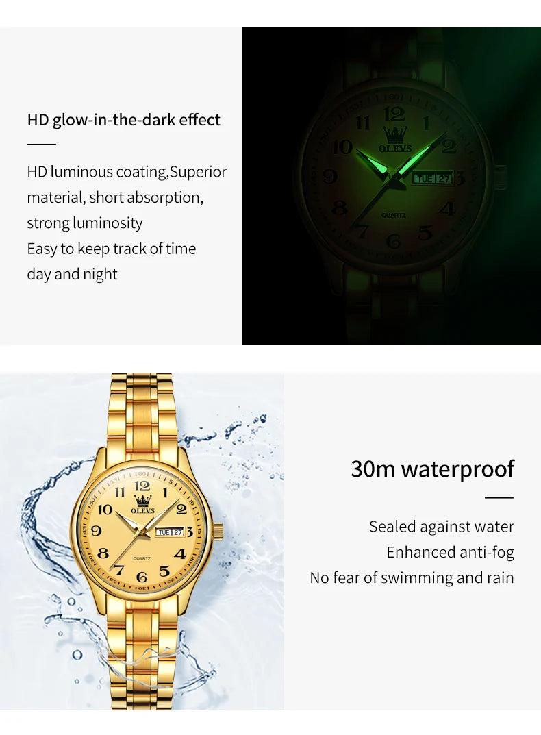 OLEVS Elegant Women's Quartz Watch - Luminous, Waterproof Stainless Steel Dress Wristwatch with Week & Date Display