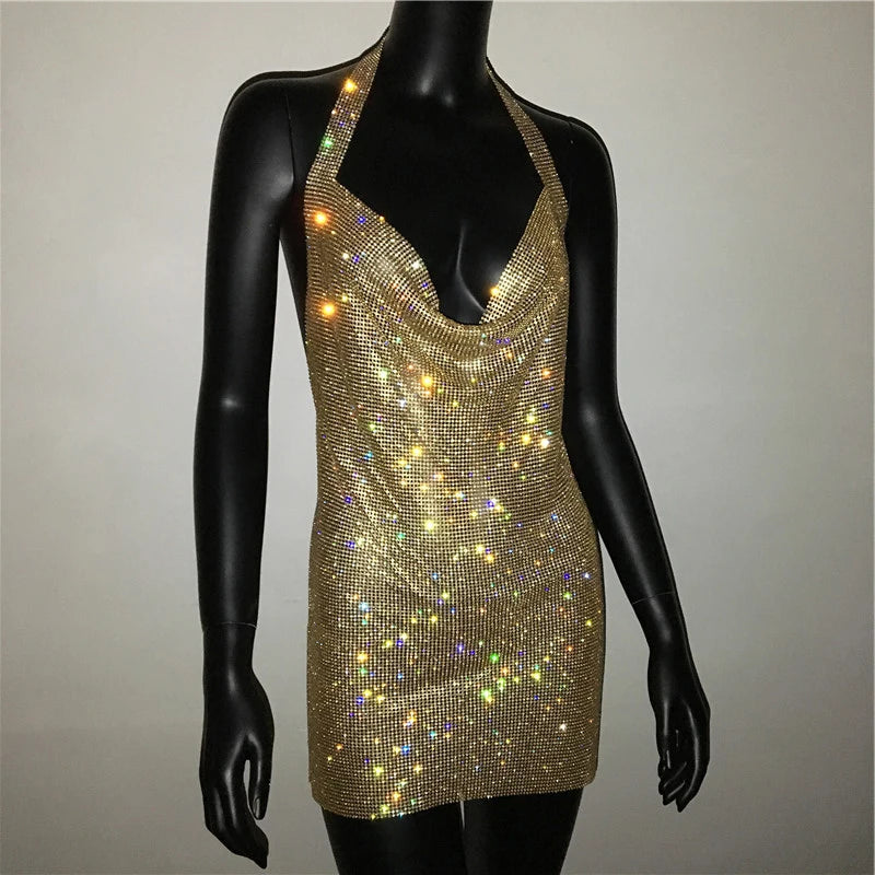 Bling Backless Rhinestone Dress - Sexy Deep V Neck, Sleeveless, Side Split Halter for Nightclub & Party