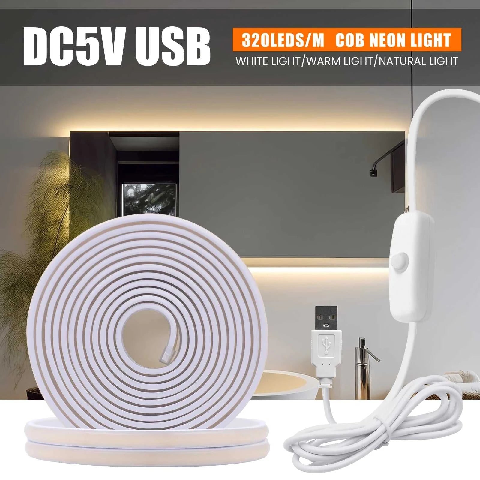 DC5V COB LED Strip With Switch 320Leds/m Flexible Neon Light USB Power Waterproof FOB LED Lights 3000K-6000K Ribbon Tape The jack market .AU The jack market .AU Home $ 57 136:9131281595#natural white;380:200007624