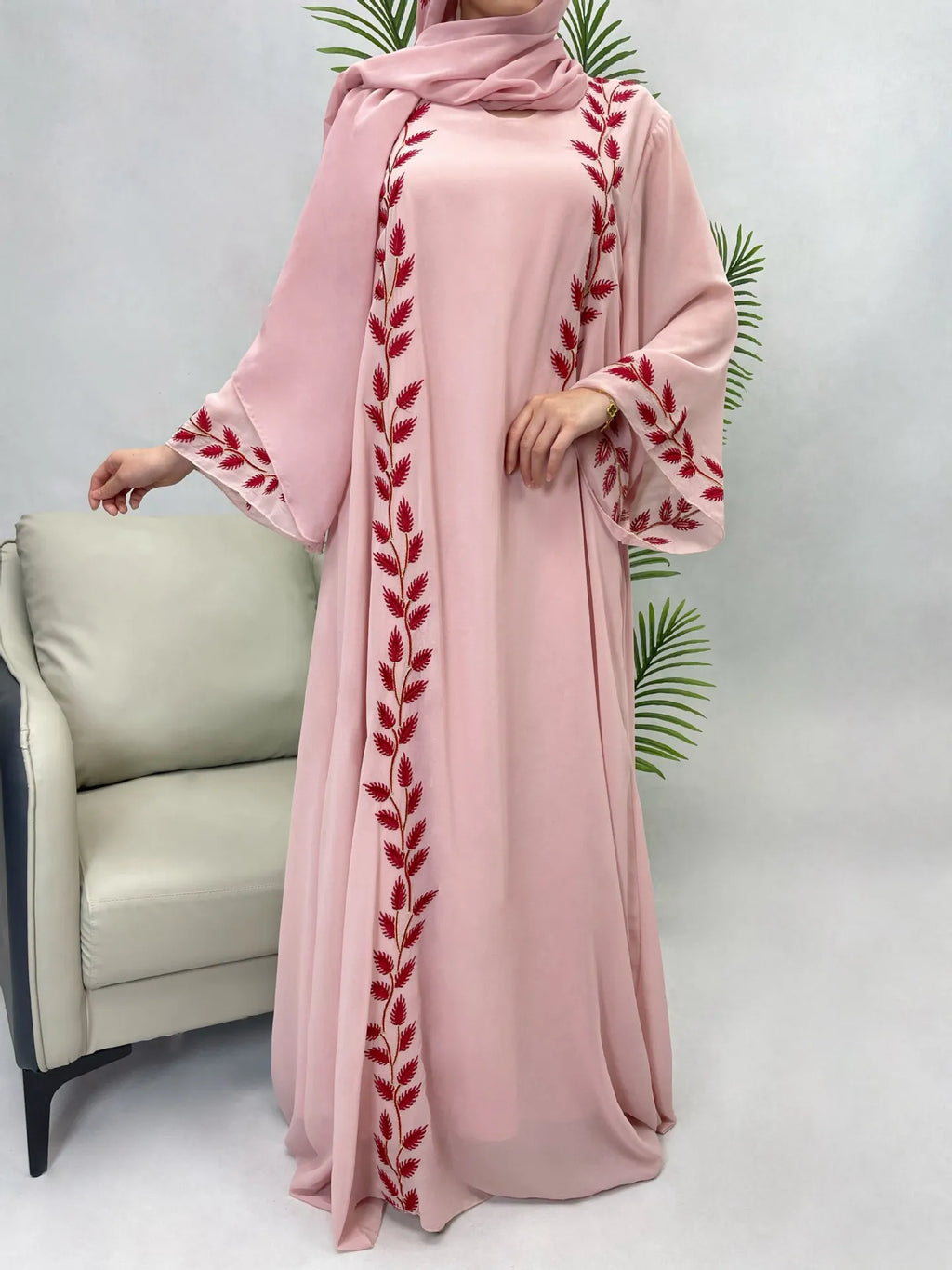 Women's Embroidery Abaya with Scarf – 2-Piece Muslim Dress Set