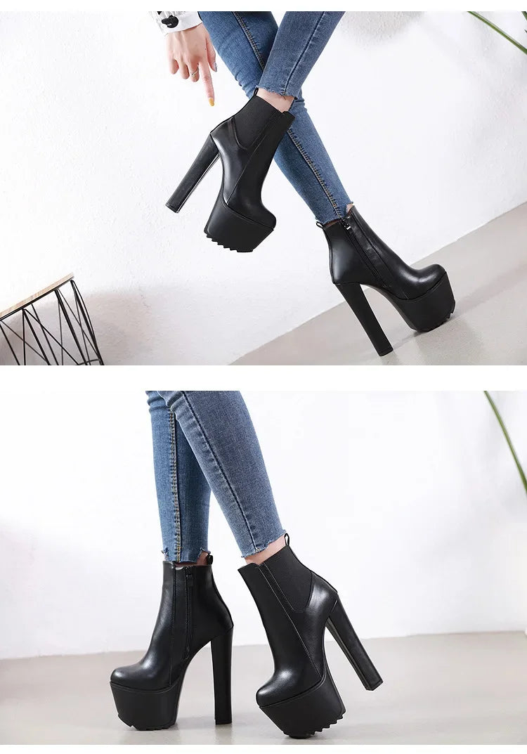16CM Thick High Heel Shoes Womens Platform Elastic Band Side Zipper Chelsea Boots Black  Ankle Boot Zapatos Para Mujeres