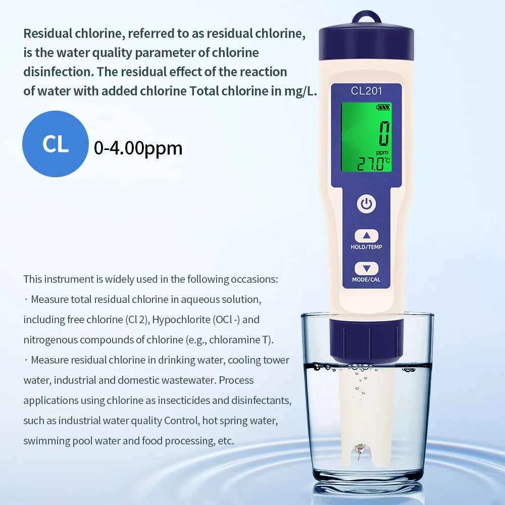 Multifunctional Chlorine Testing Pen 2/3/4/5 in 1 Water Quality Tester CL2 TEMP pH H2 ORP Measuring For Aquarium Swimming Pool