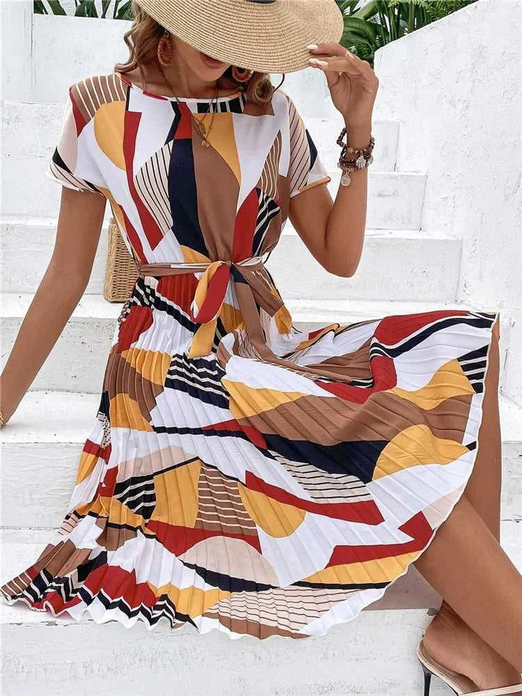 Msfilia Summer Print Pleated A Line Long Dress Women Short Sleeve High Waist Spring Round Neck Chic Dress with Belt The jack market .AU The jack market .AU Woman Fashion $ 88 14:200004870#Flower NavyBlue;5:100014065