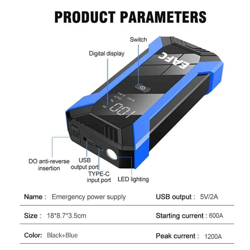 2000A Car Jump Starter Power Bank 12V Output Portable Emergency Start-up Charger 1000A for Cars Booster Battery Starting Device