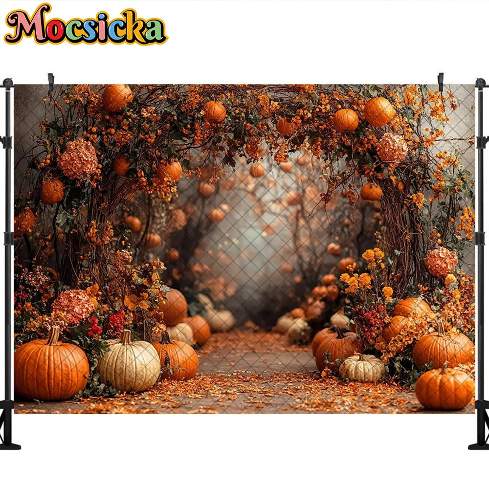 Mocsicka Photography Backdrop Autumn Pumpkin Maple Leaves Decoration Fall Portraits Photo Supplies Backgrounds For Photographs