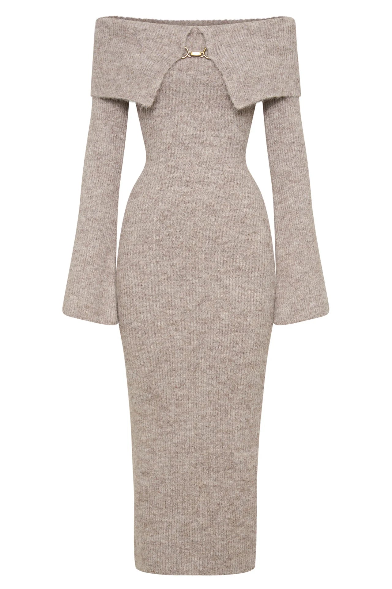 Luxury Fluffy Solid Knitted Off Shoulder Midi Dress Women 2024 Fall Winter Elegant Bodycon Flared Long Sleeve Sweater Long Dress