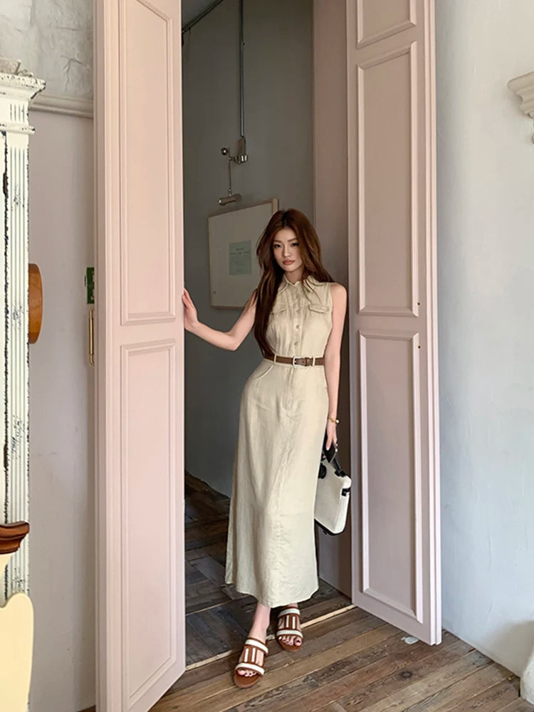 Elegant Moments Spring Summer Sleeveless Office Dress - Chic Turn-down Collar for Effortless Style at Evening Parties