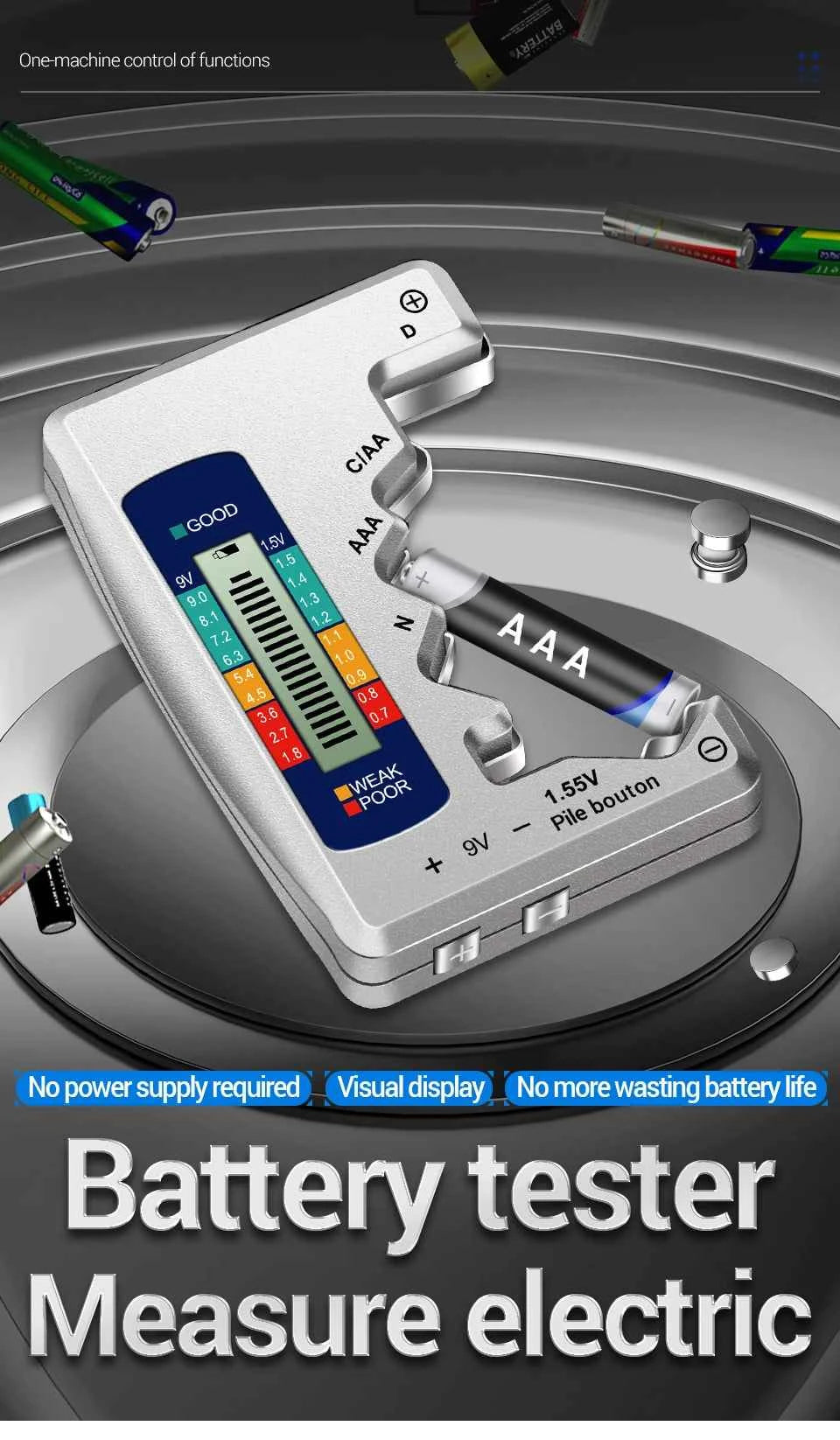 Battery Testers LCD Display ANENG Volt Capacity Check C  AA AAA D N 9V 1.55V Universal Button Cell Capacitance Detector Tools