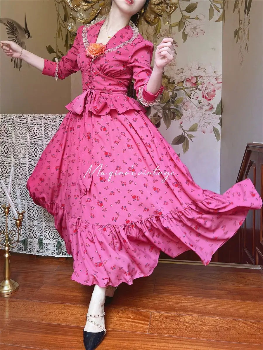Rose Red Flower Autumn Long Sleeve French Vintage Dress V-neck Waist Cinched Slimming Ruffle Large Swing Long Dress for Women