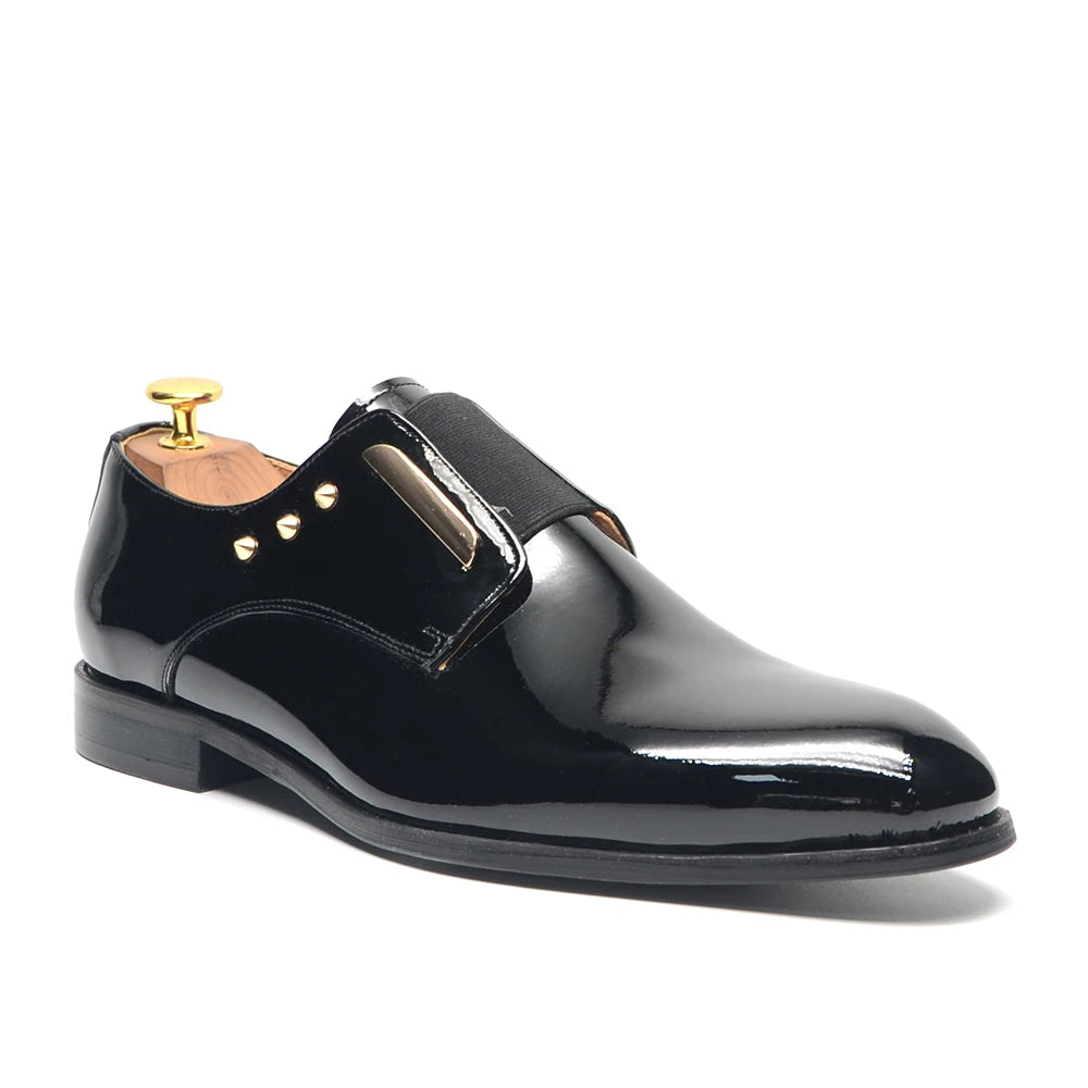 Luxury Men's Party Evening Dress Shoes 2024 Natural Cowhide Patent Leather Gold Rivets Suits Loafers Elastic Band Slip-on Derby