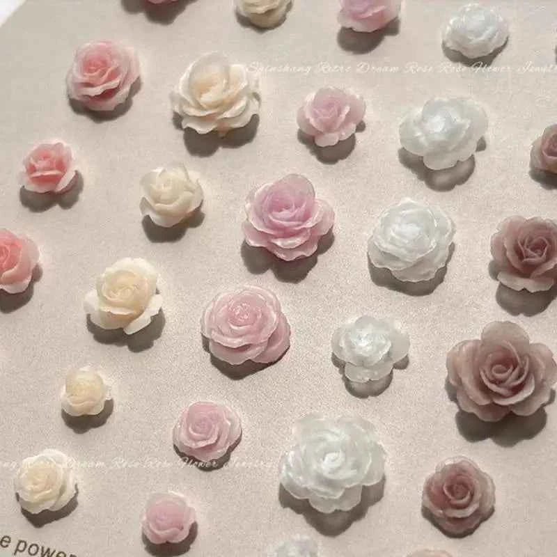 Rose Charm Nail Jewelry - Vintage Resin Camellia with Diamond Accents - Mixed Sizes for Stunning Nail Art