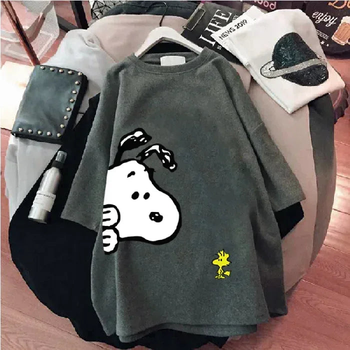 new Snoopy women's loose large version top summer short-sleeved t-shirt women's cotton mid-length cartoon women