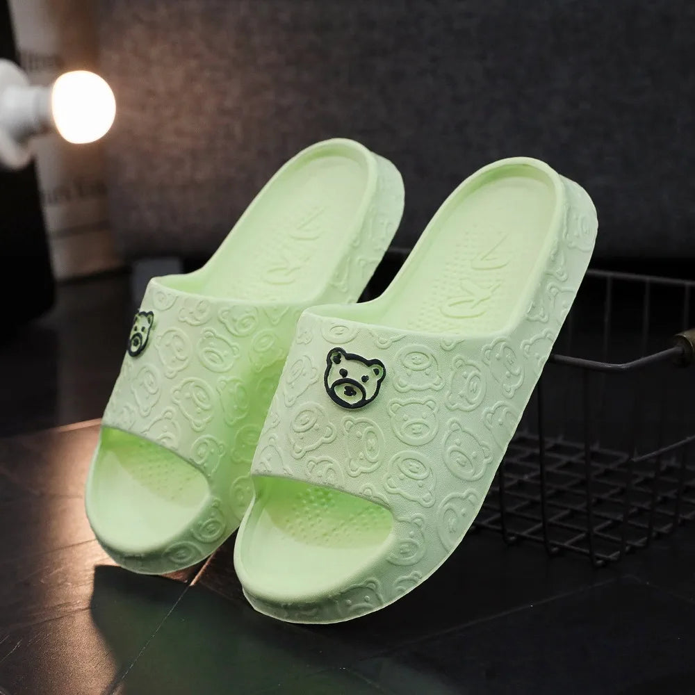 Women's Flat Slippers Solid Color Bathroom Slippers Home Use Couple Sandals Cute Bear Decoration Outdoor Beach Sandals