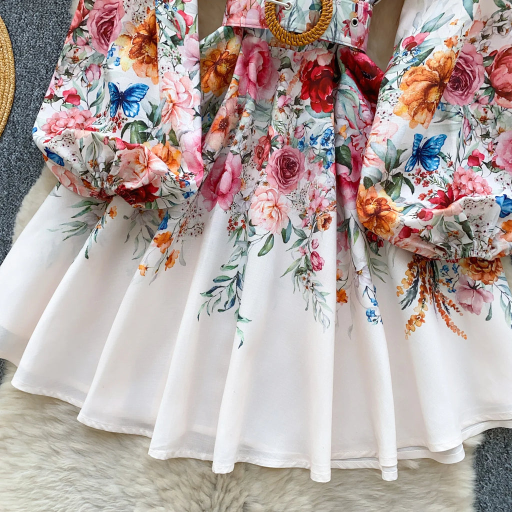 France Elegant Vintage Palace Evening Dress Women Sashes Button Print Short Party Dress Female Casual Chic Festival Clothing New