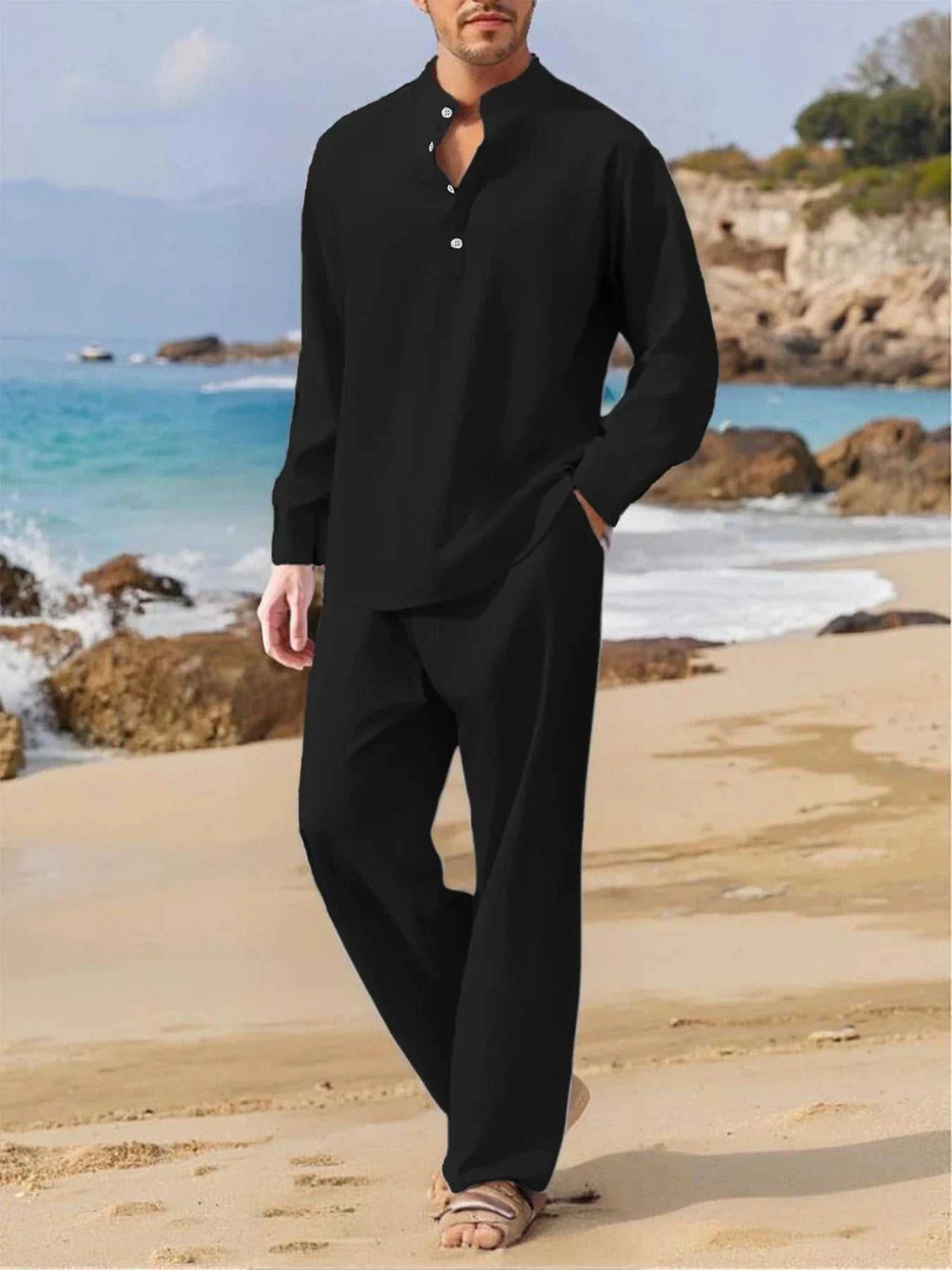 Men's Fall Casual Outfits Solid Color Henley Collar Long Sleeve Tops with Elastic Waist Pants Long Sleeve Pants Shirt Suit The jack market .AU The jack market .AU Men Fashion $ 47 14:193#Black;5:100014064