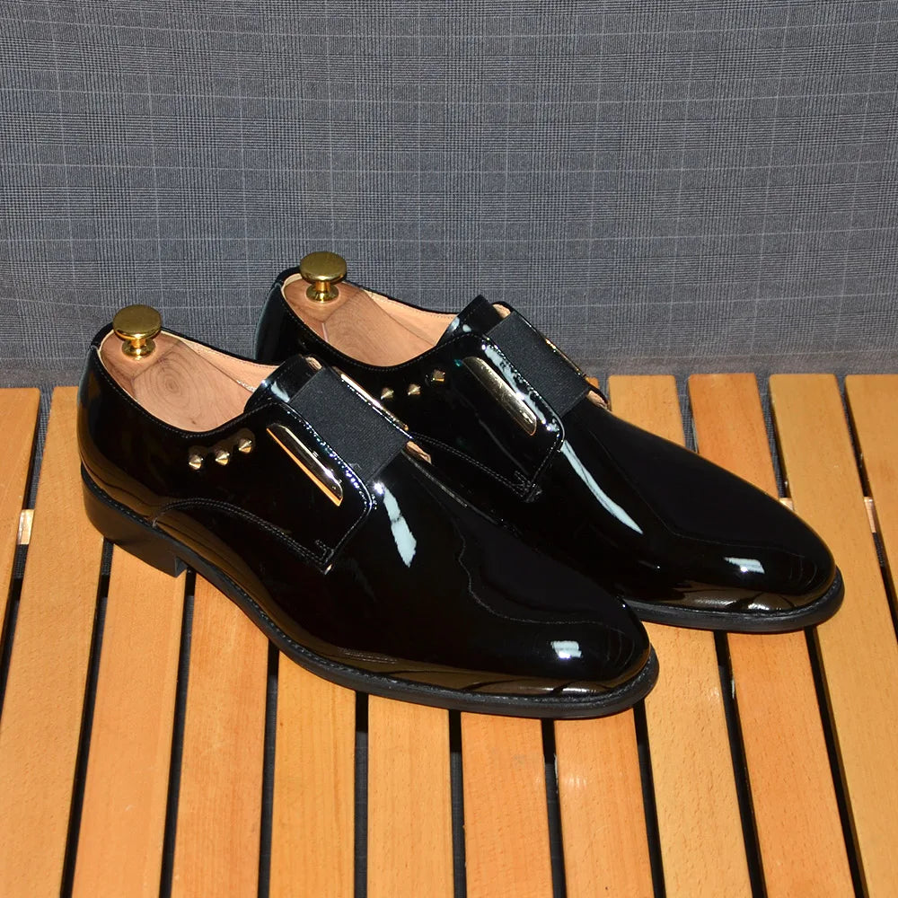Luxury Men's Party Evening Dress Shoes 2024 Natural Cowhide Patent Leather Gold Rivets Suits Loafers Elastic Band Slip-on Derby