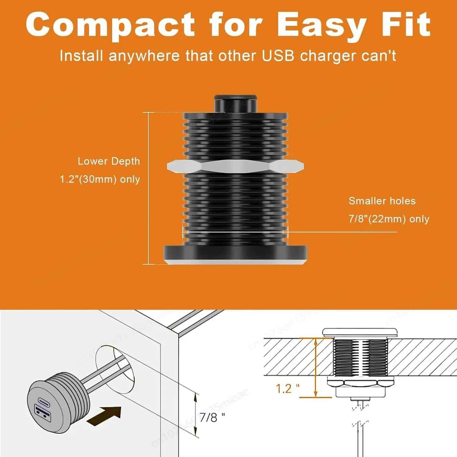 1-2 Pack Mini 66W 12V USB Outlet PD 30W Type-C QC3.0 36W USB-A Dual Port Aluminum Fast Charging Socket for RV Camper Truck Boat