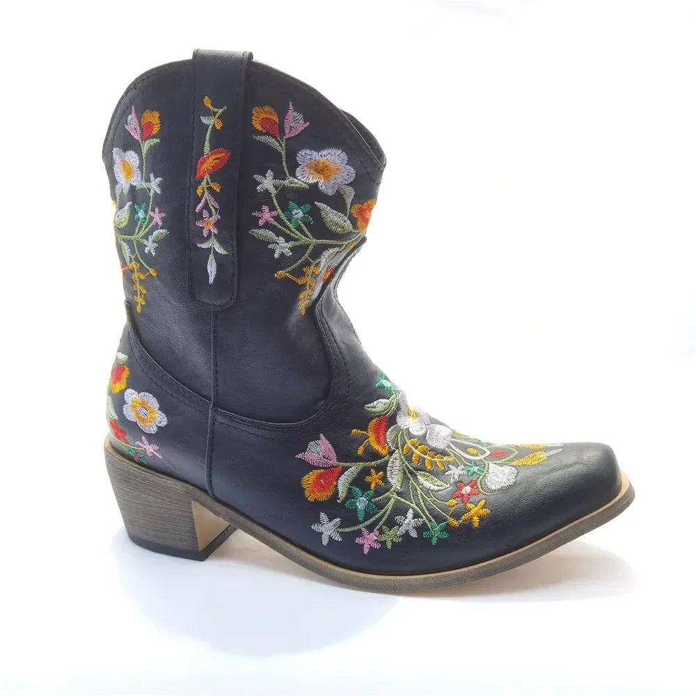 Women Cowboy Boots Luxury Embroidery Pointed Toe Winter Boots Ladies Shoes Comfortable Designer Botas Outdoor Skidproof Wearable
