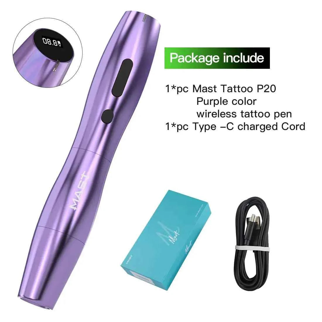 Mast P20 Wireless Tattoo Machine Kit - 2.5mm Stroke, 1000mAh Battery, Lightweight Design for Effortless PMU Mastery