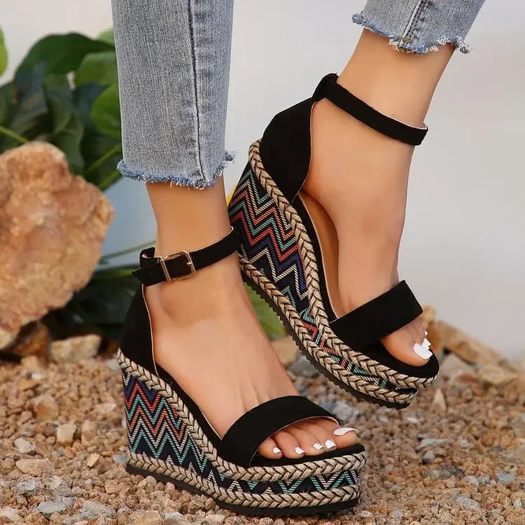 Summer New European and American Fashion Simple Ethnic Style Slope Heel Sandals with One Button High Heel Women's Shoes 2025