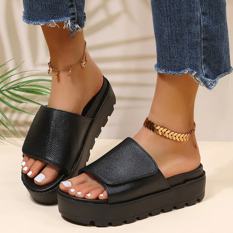 Rimocy Black PU Leather Platform Slippers Women Plus Size 43 Thick Soled Sandals Woman 2025 Summer Non-slip Slides Shoes Female