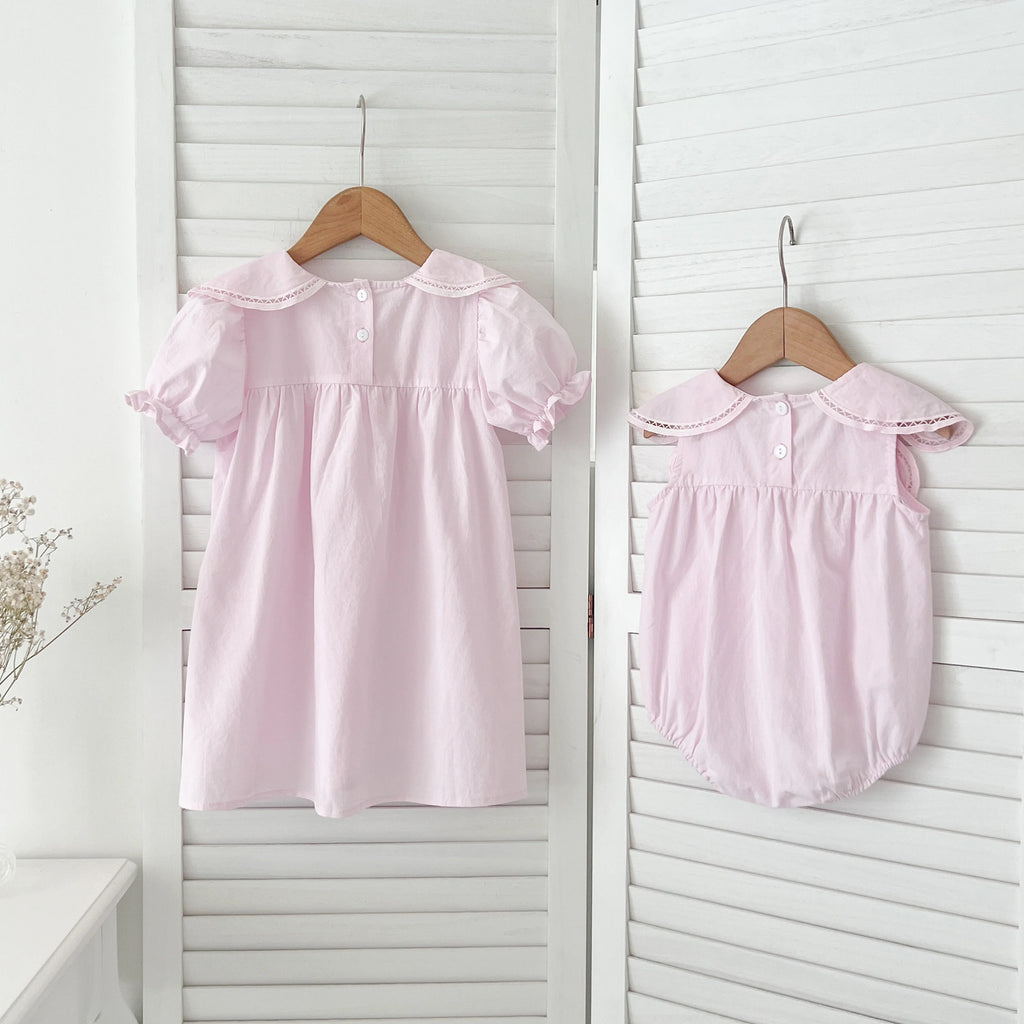 Sisters Dress Summer Kids Princess Dresses Short Sleeved Cotton Solid Color Splicing Infant Baby Romper Baby Girl Party Dress