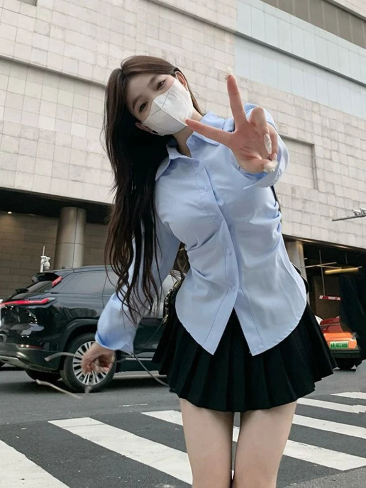 Woman Top Blue Spring and Autumn Wear To Work Full Long Sleeve Button Up Office Outfits Formal Dress Shirts & Blouses Women Xl S