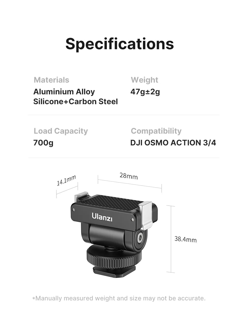 Ulanzi CA22 Cold Shoe Mount Adapter for DJI OSMO ACTION 3/4 with 1/4 Threaded Screw Adapter for Photograph Camera Magic Arm
