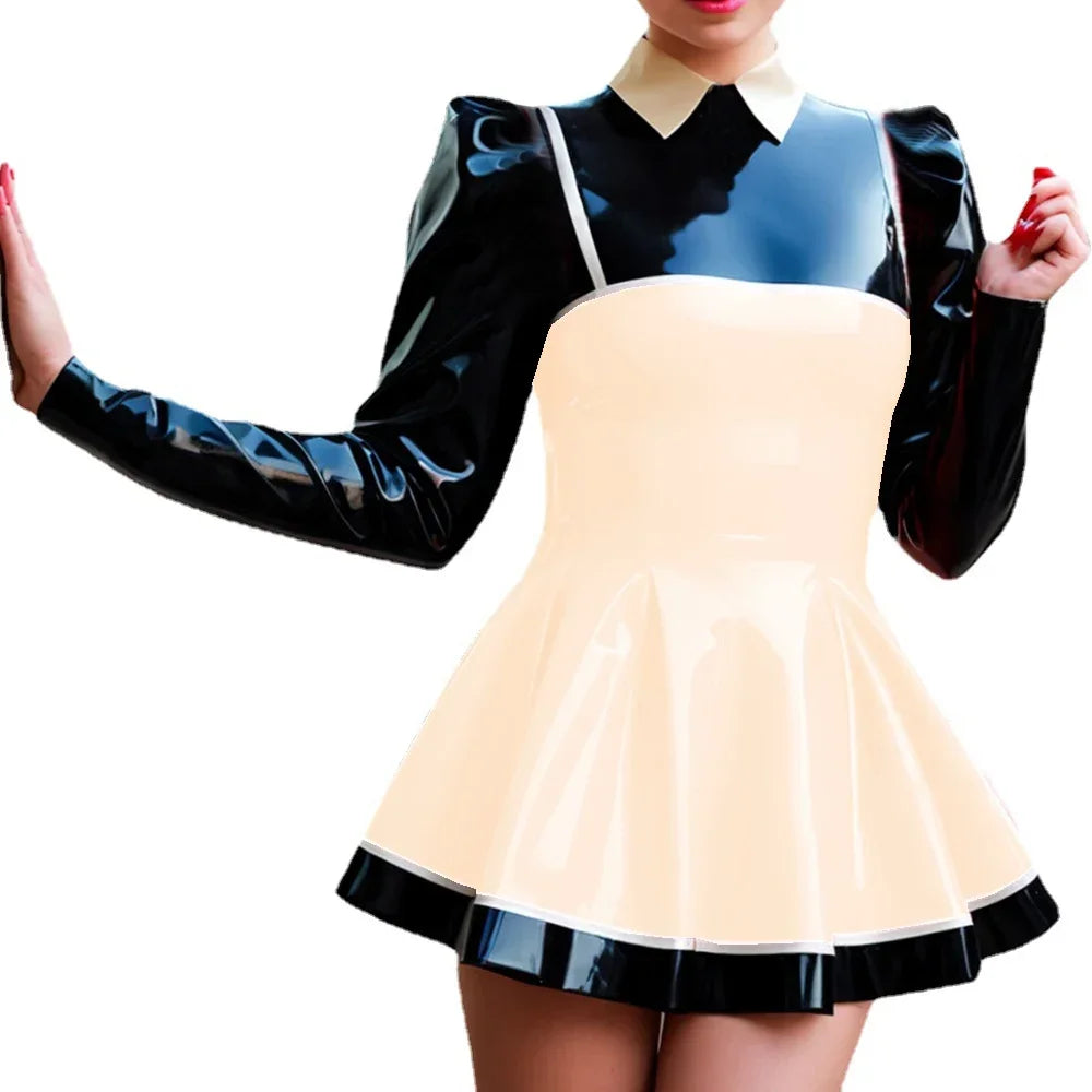 Curvy Couture Plus Size A-Line Patchwork Mini Dress - Long Puff Sleeves, PVC Leather for Night Out Style