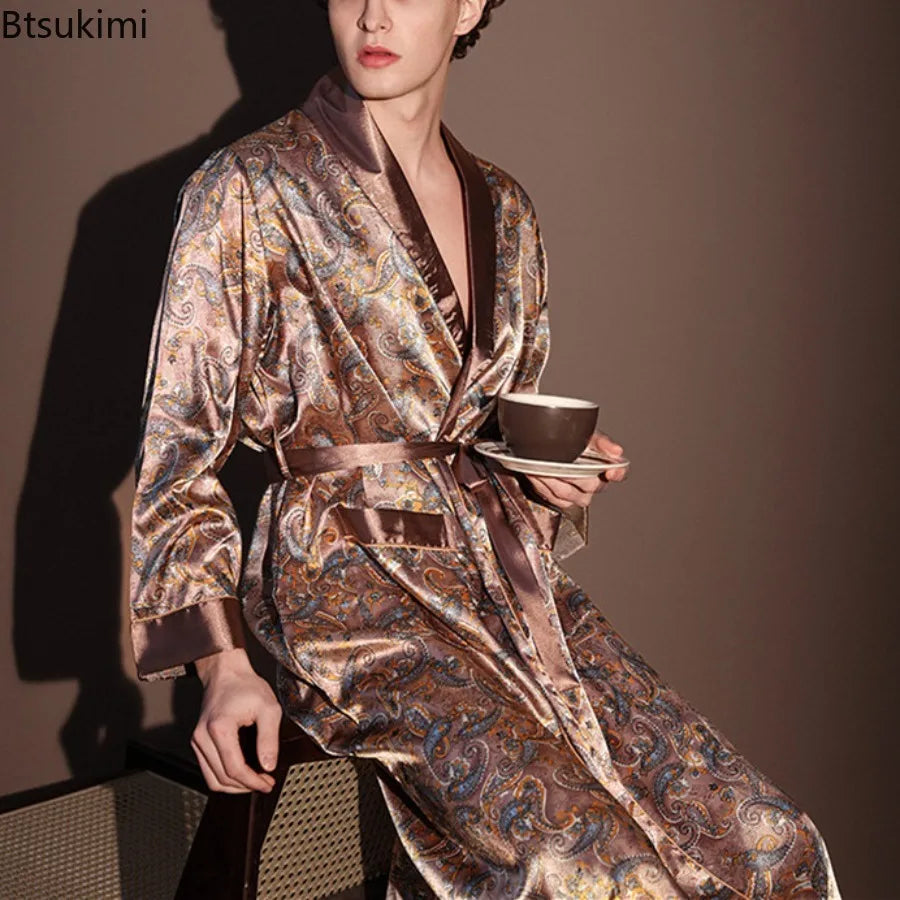 Men's Thin Bathrobe High Quality Nightrobes One-Piece Robe Male Loungewear Gents Spring and Autumn New Ice Silk Printed Pajamas
