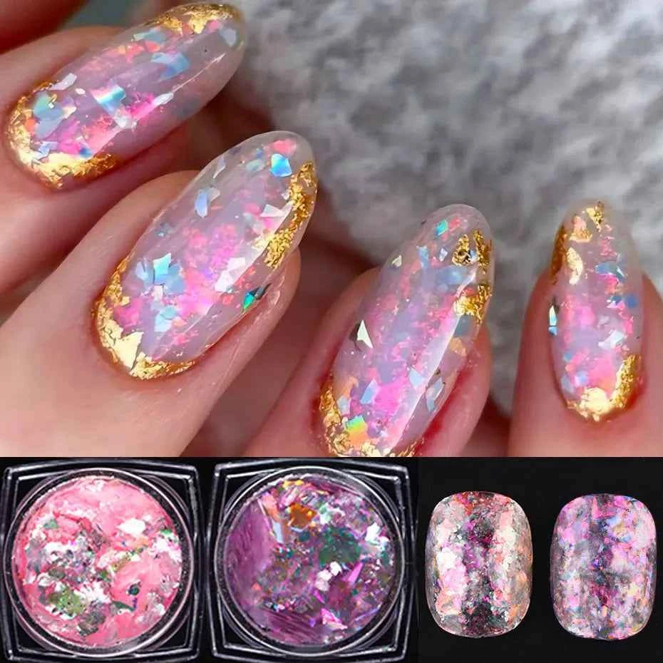 Aurora Opal Nail Flakes - Holographic Glitter Powder for Dazzling Mermaid Nail Art