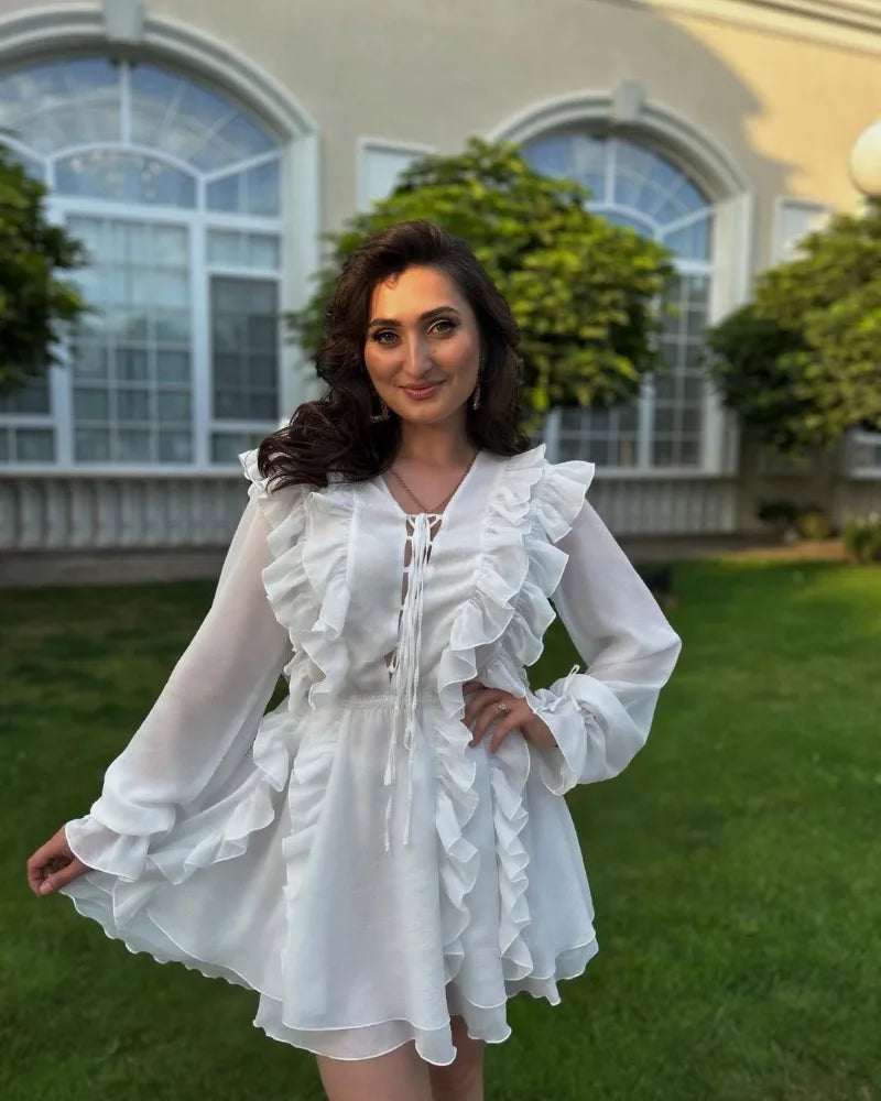 TARUXY Sheer Lace Mesh Dress Women Fashion Deep V Neck Bandage Ruffle Oversized Shirt Dress Femme Elegant Sexy Cover-up Woman