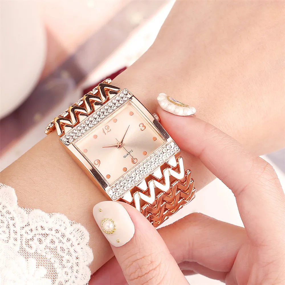 Luxury Golds Ladies Square Diamond Watch - Elegant Stainless Steel Quartz Timepiece for Fashion-Forward Women