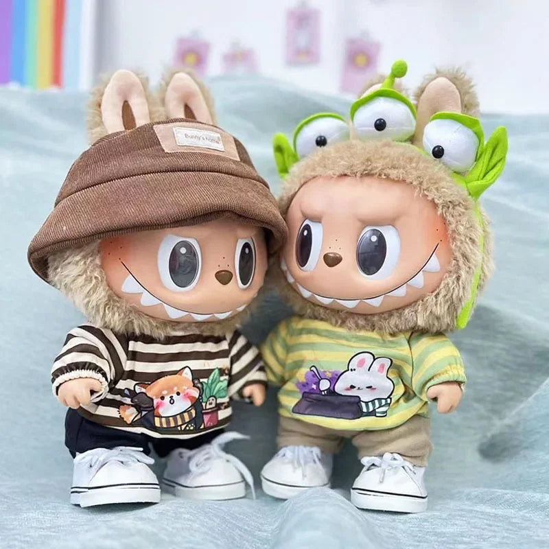 For 38Cm Labubu outfit vinyl plush doll clothes for Korea Kpop Exo Labubu doll clothes striped animal shirt set