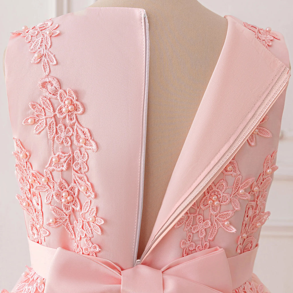 Fashion Flower Bridesmaid Girls Dress Elegant Bow Wedding Evening Princess Birthday Party Dress Graduation Baptism Kids Clothing