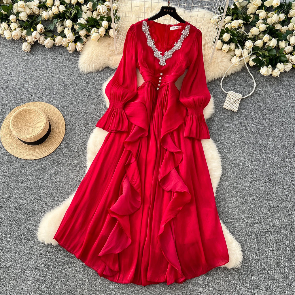Spring Autumn Women Party Long Dress Elegant Female Red/Purple/Beige/Black Diamonds Patchwork Ruffle A-Line Maxi Vestidos New