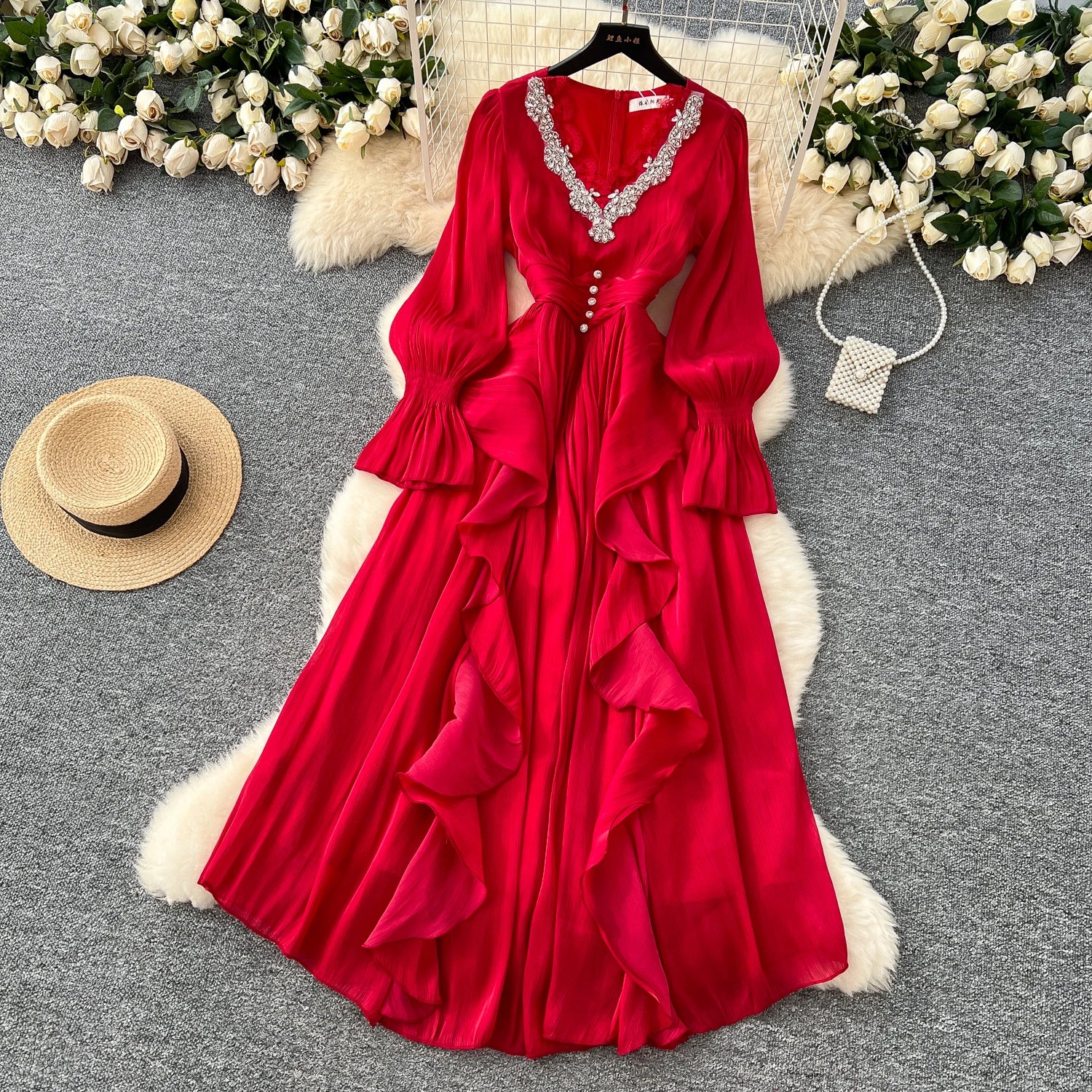 Spring Autumn Women Party Long Dress Elegant Female Red/Purple/Beige/Black Diamonds Patchwork Ruffle A-Line Maxi Vestidos New