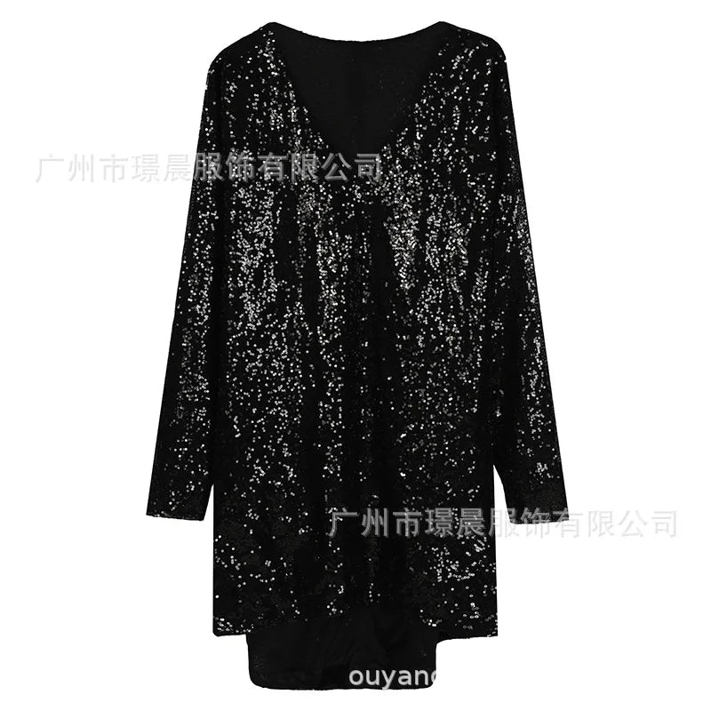 Trendy Solid Color Sequin Dresses Women V-neck Long Sleeve Loose Irregular Mini Dress Lady Commuting Vestidos Spring Autumn New