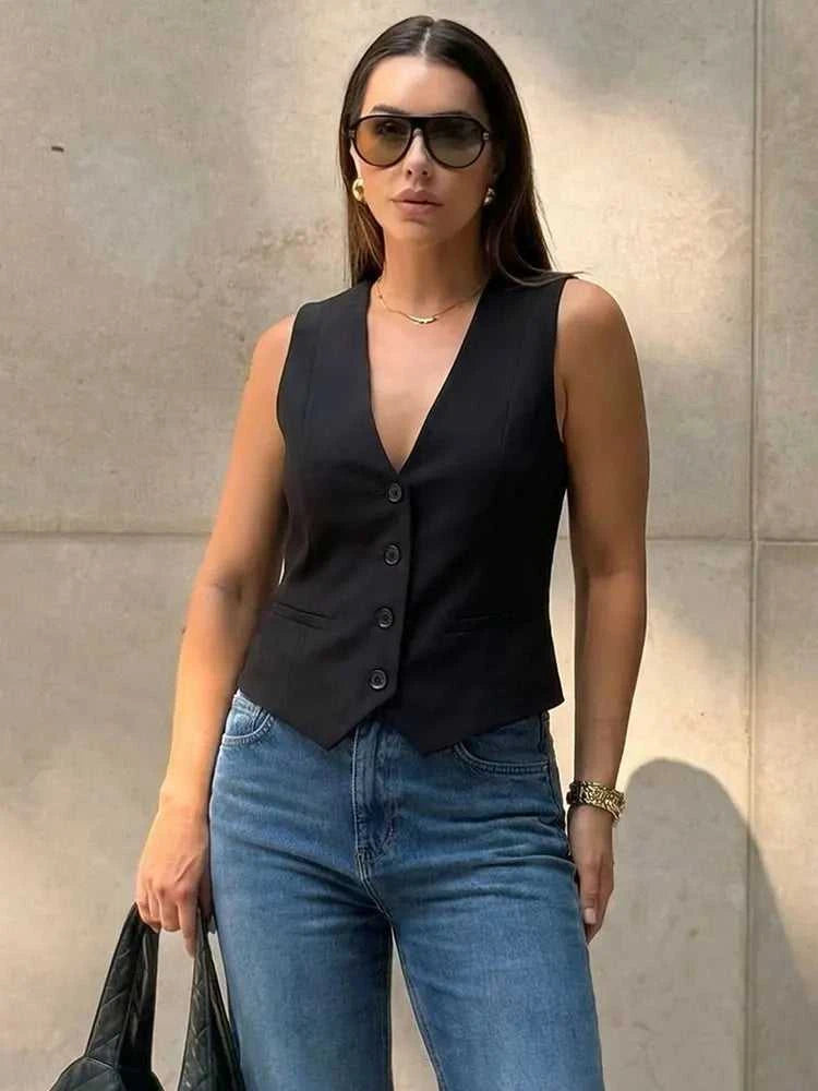 Women's Sleeveless Cropped Blazer Vest – Slim Fit V-Neck Waistcoat for Office & Casual Wear The jack market .AU The jack market .AU Woman Fashion Tops $ 54 14:173#Navy;5:100014065