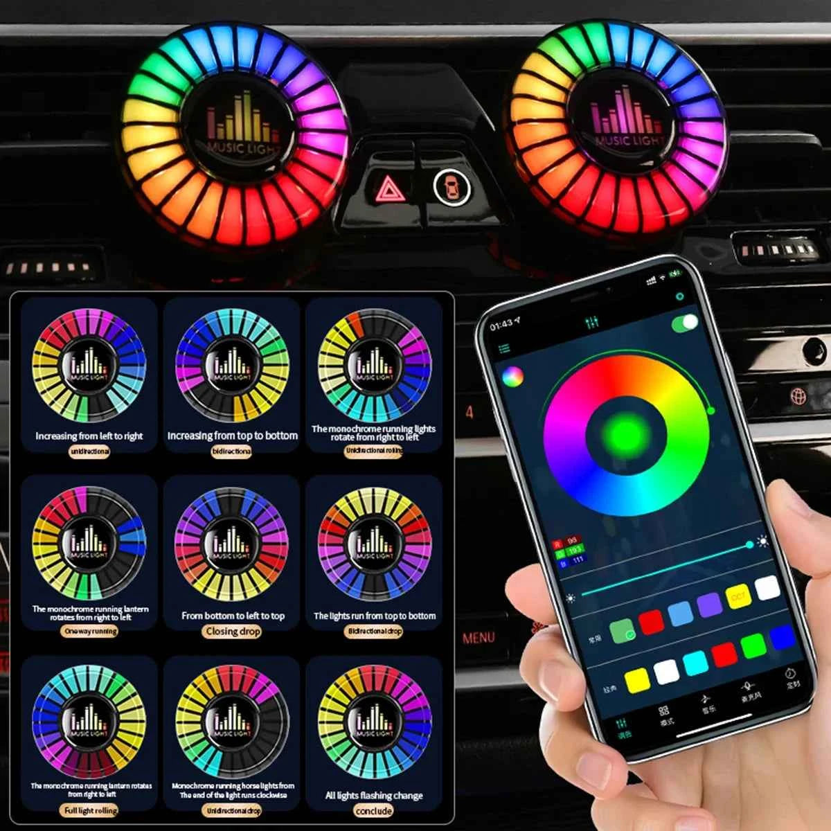 Car Music Rhythm Lamp Air Freshener RGB LED Strip Sound Control Voice Rhythm Atmosphere Light  256 Colors Option App Control