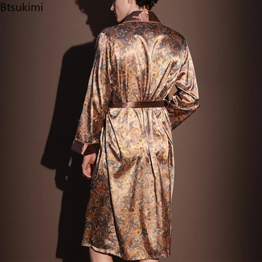 Men's Thin Bathrobe High Quality Nightrobes One-Piece Robe Male Loungewear Gents Spring and Autumn New Ice Silk Printed Pajamas