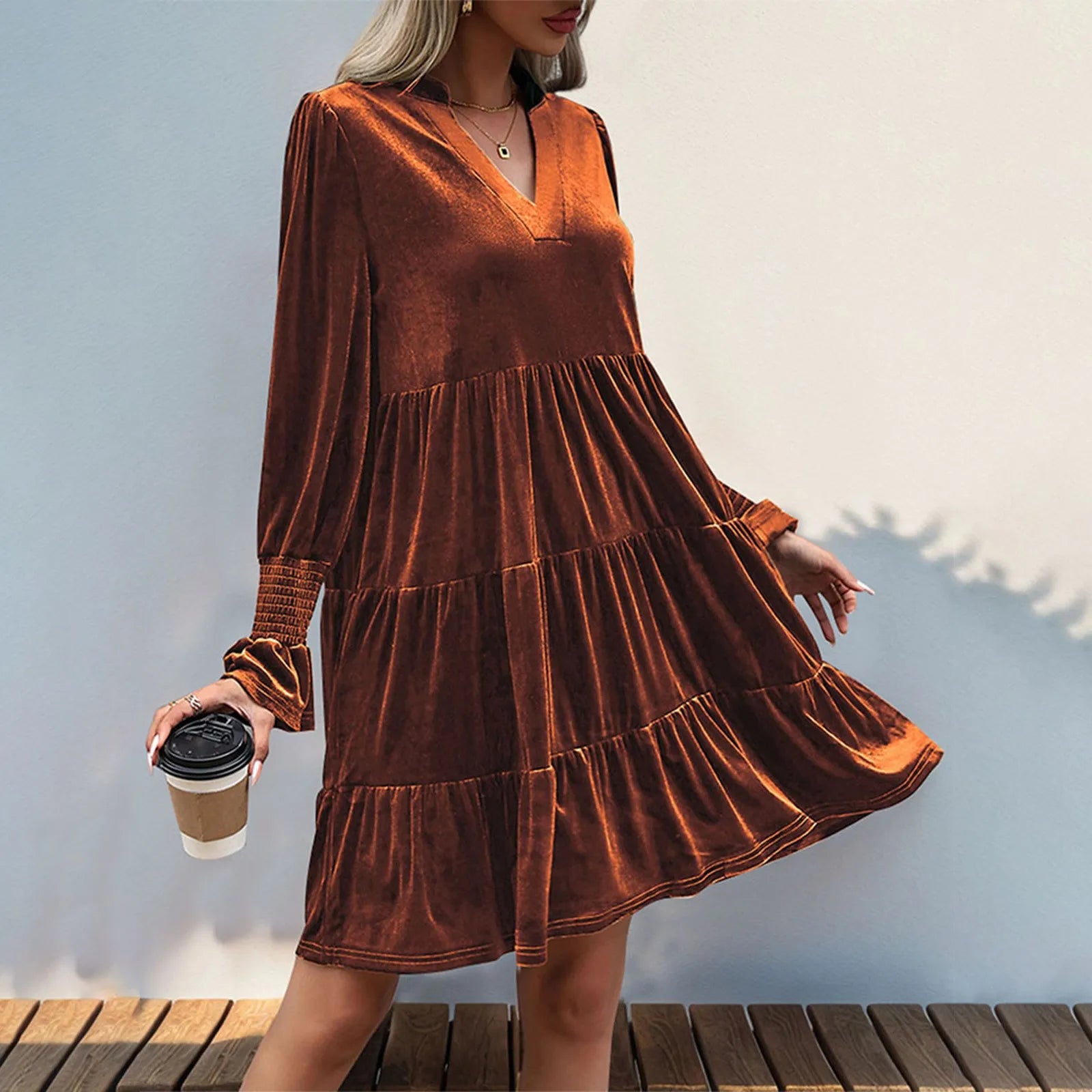 Elegant Vogue Velvet Midi Dress - Long Sleeve V-Neck, High Waist, Chic Style for Evening Parties & Christmas Celebrations