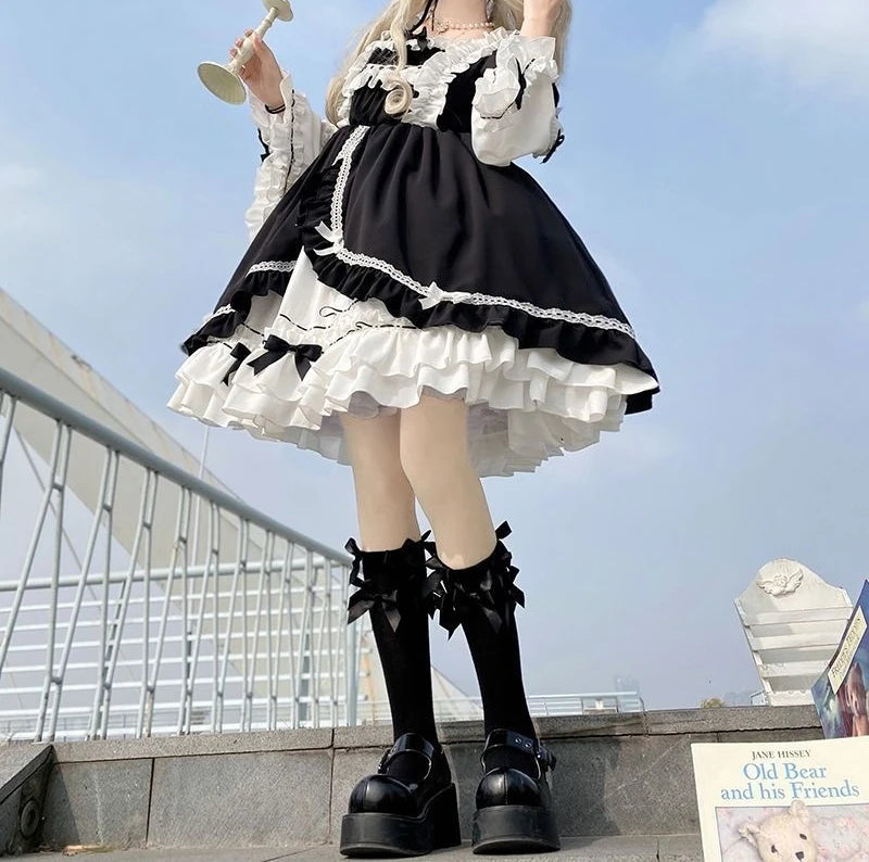 Contrast Color Japanese Dress Women Ruffled Patchwork High Waist Fairy Robe Y2k Aesthetic Ladies Sweet Dresses Vestido De Mujer