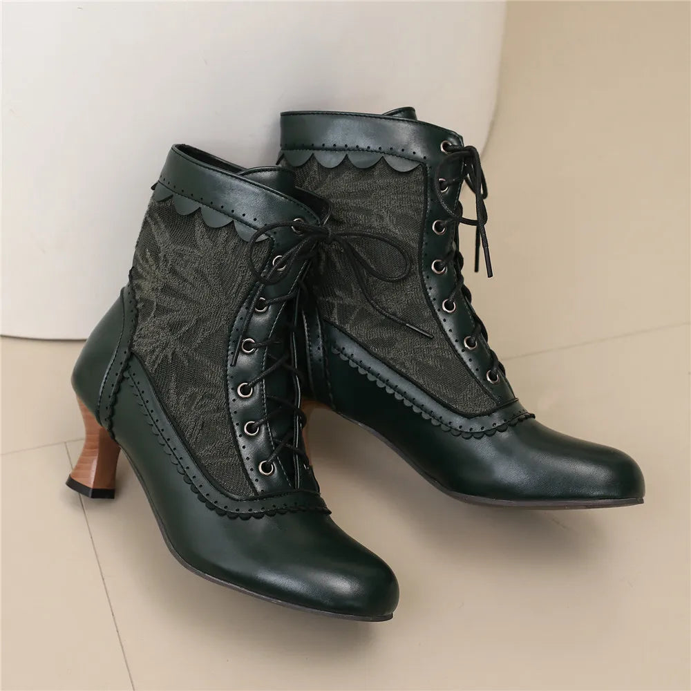 2025 New Lace Up Ladies High Heel Shoes Strange Steampunk Boot Victorian Ankle Boots Women Pointed Toe Thick Soled Short Boots