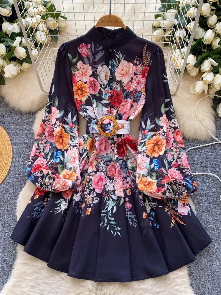 France Elegant Vintage Palace Evening Dress Women Sashes Button Print Short Party Dress Female Casual Chic Festival Clothing New