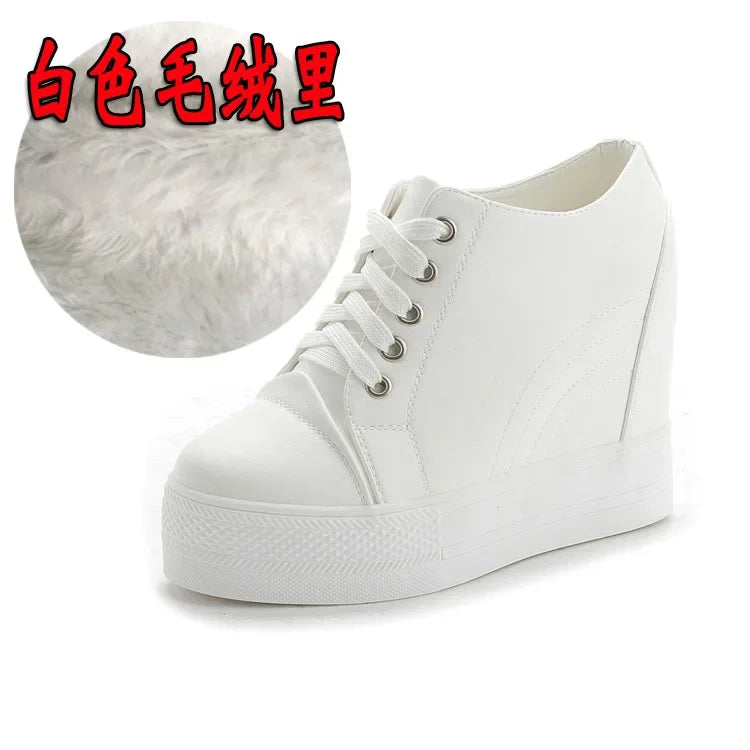 High Top Women's Casual Shoes Leather Casual Sneaker Hidden Increased Ladies Ankle Boots New Plush Woman Platform Boots Botines