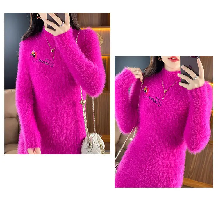 Imitation Mink Fleece Autumn Winter New Plush Slim Sweater Dress Solid Half High Neck Mid Length Embroidered Knit Bottom Dresses